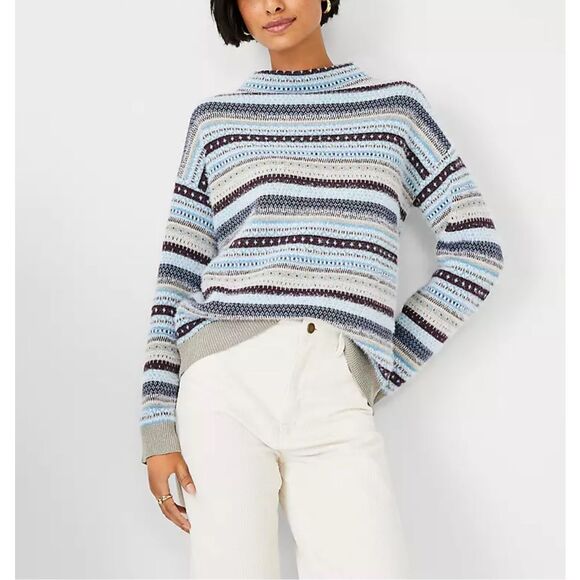 Ann Taylor Multicolor Fair Isle Silver Sparkle Funnel Pullover Sweater Small - Picture 1 of 13
